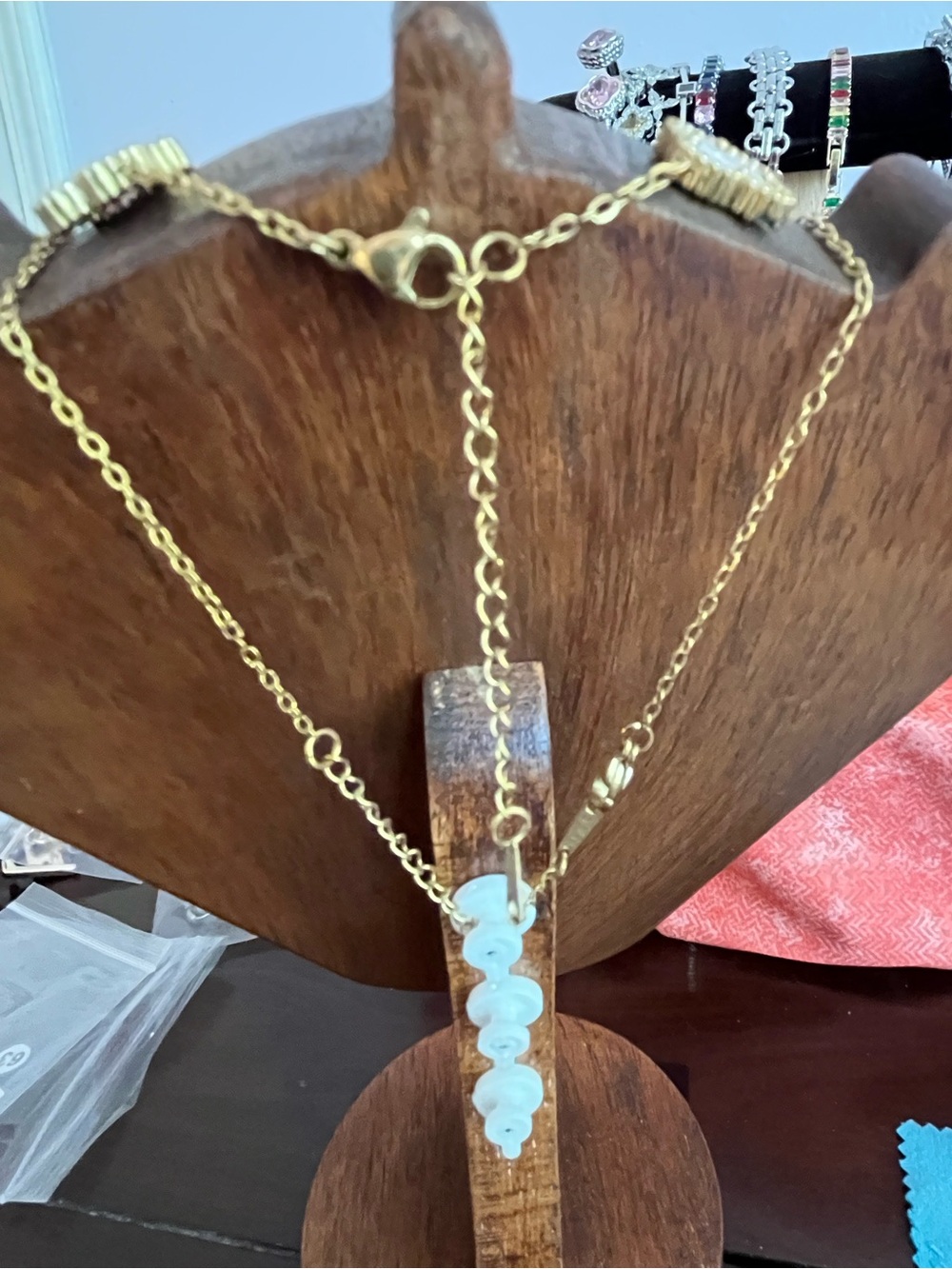 Gold-over SSteel Necklace, Bracelet Stud Earring Set w/Pink MoP Clovers  🍀 Adj - Picture 5 of 6